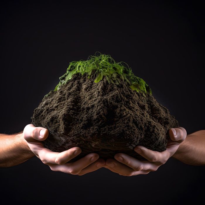 Hands holding a rich, dark compost pile with green sprouts on top, illustrating advanced composting techniques such as vermicomposting and hot composting to enhance the composting process and efficiency.
