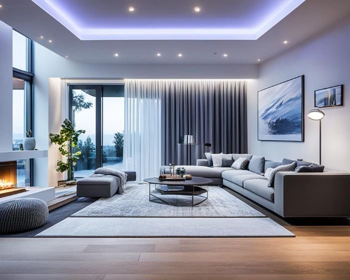 Spacious and elegant living room equipped with smart lighting systems, featuring mood-enhancing blue lights in the ceiling, and a modern decor with a serene atmosphere, ideal for various home activities.
