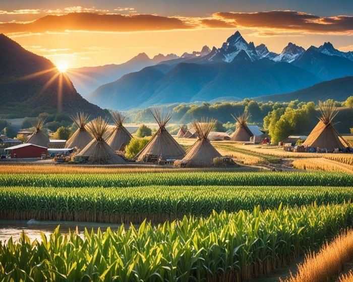 A picturesque cornfield at sunset with traditional Native American teepees in the background and majestic mountains, illustrating the historic domestication of corn by Native Americans in a scenic valley.