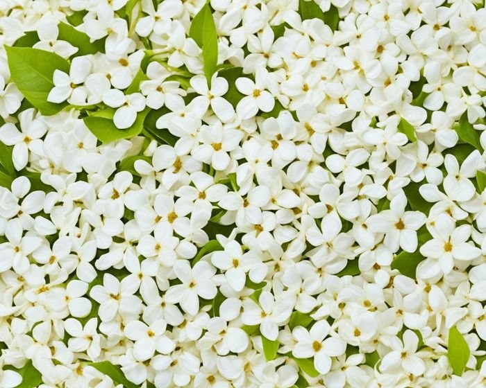 A dense cluster of Arabian jasmine flowers, highlighting their rich and exotic aroma, often described as warm and sweet with a hint of fruitiness.