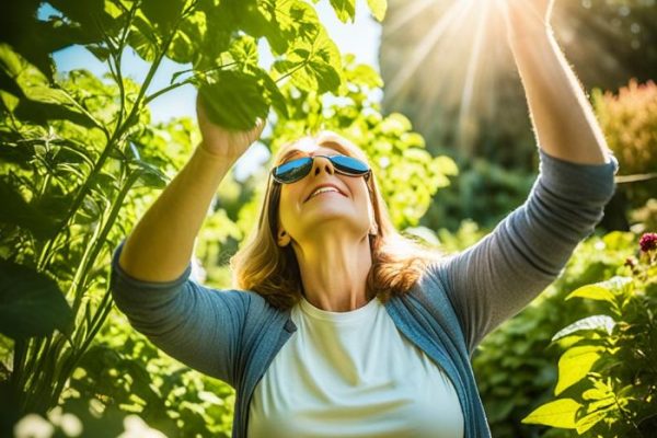 Joyful woman enjoying the sunlight in her garden, assessing the light levels among lush green plants, illustrating the importance of understanding sunlight for optimal garden growth.
