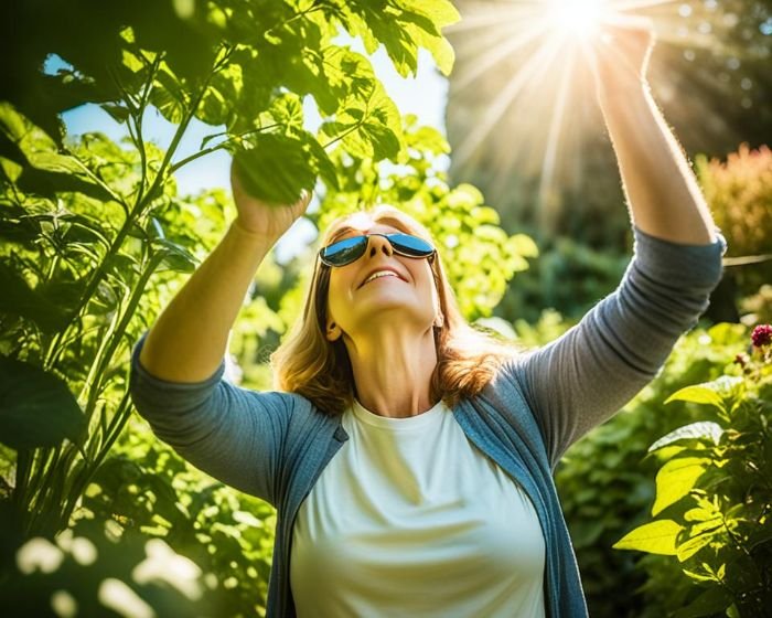 Joyful woman enjoying the sunlight in her garden, assessing the light levels among lush green plants, illustrating the importance of understanding sunlight for optimal garden growth.