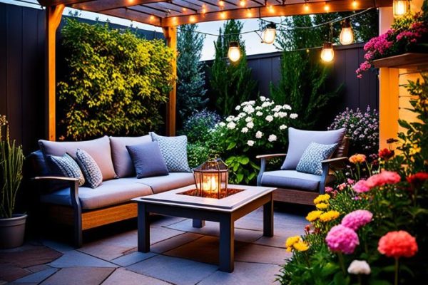 Beautifully lit garden seating area with cozy furniture and vibrant flowers, illustrating the basics of garden lighting for beginners.