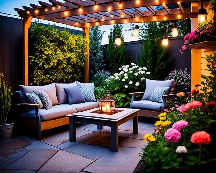 Beautifully lit garden seating area with cozy furniture and vibrant flowers, illustrating the basics of garden lighting for beginners.