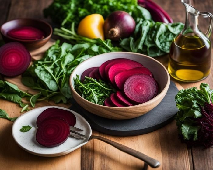 A rustic kitchen setting featuring sliced beets in a wooden bowl, surrounded by fresh greens, onions, and olive oil, illustrating healthy beet recipes to maximize their nutritional benefits.