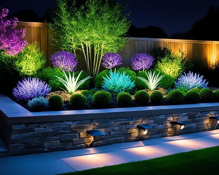 Beautifully illuminated garden with a variety of lights, showcasing the benefits of using timers and motion sensors for efficiency and security.