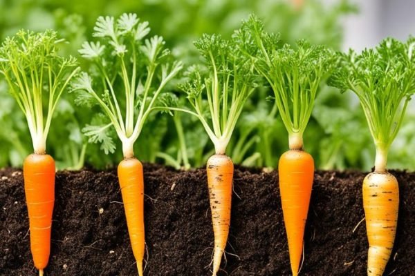 Freshly harvested carrots with vibrant green tops neatly lined in soil, demonstrating stages of carrot development, from germination to harvest, in a lush garden setting.