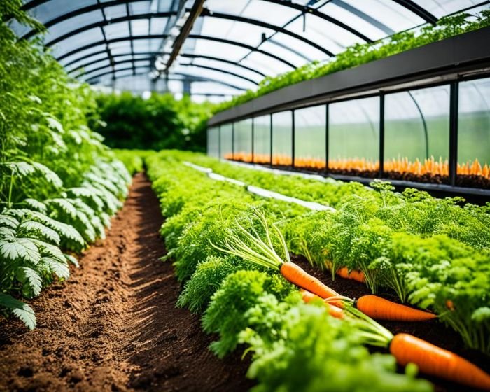 Vibrant orange carrots freshly harvested in a lush greenhouse setting, illustrating their rich nutritional profile and versatility in culinary uses.