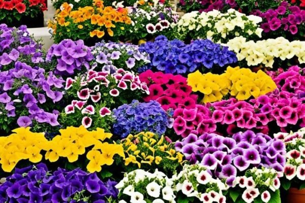 A vibrant display of various petunia varieties in full bloom, showcasing a range of colors and patterns, ideal for helping gardeners choose the right petunia varieties for their garden.