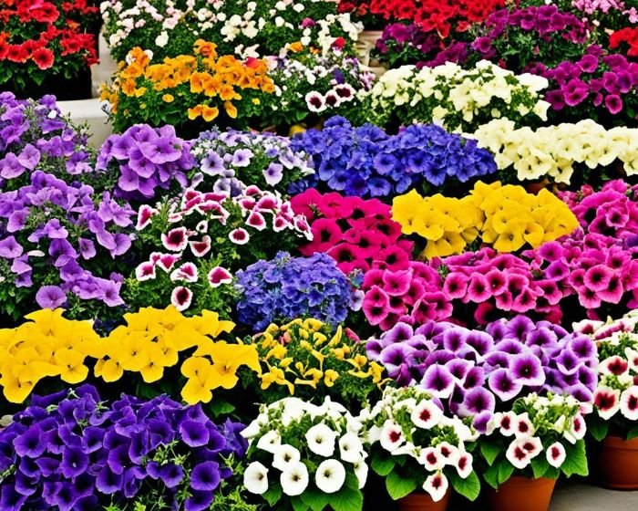 A vibrant display of various petunia varieties in full bloom, showcasing a range of colors and patterns, ideal for helping gardeners choose the right petunia varieties for their garden.