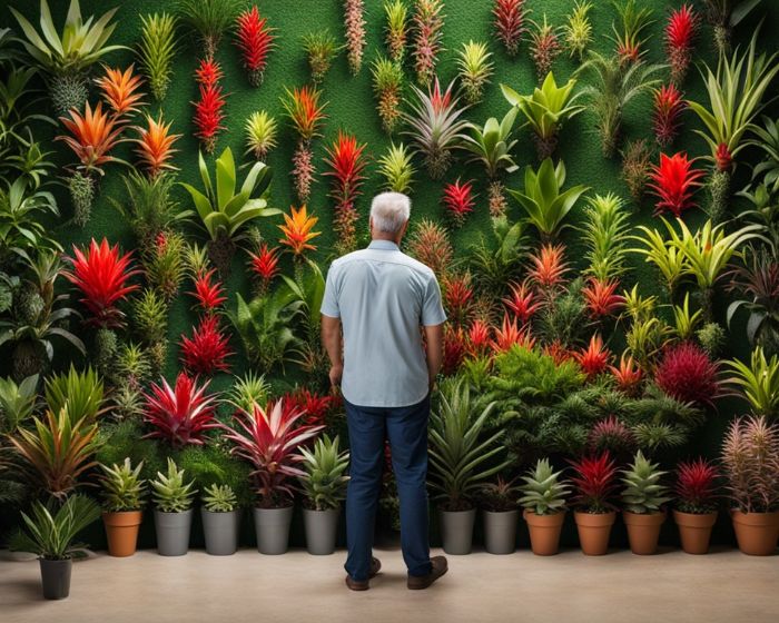 A man standing in front of a vibrant wall display of various bromeliad plants, illustrating the process of choosing the right bromeliad for your home.