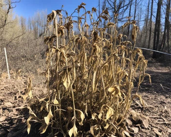 Wilted and dry plants exhibiting symptoms of chronic underwatering, standing in a barren landscape, with clear visual signs of dehydration and stress.
