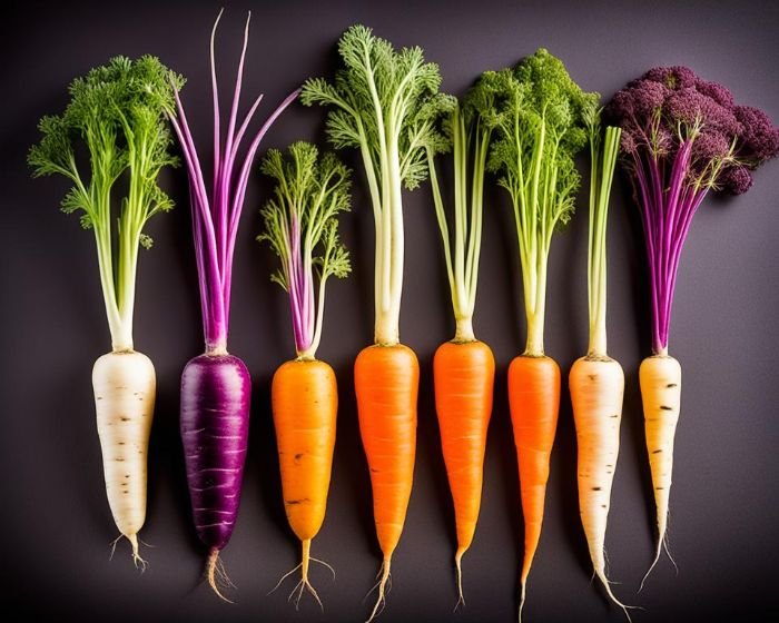 An array of colorful carrots, showcasing white, purple, orange, and yellow varieties lined up against a dark background, representing the genetic evolution from ancient to modern carrot types.