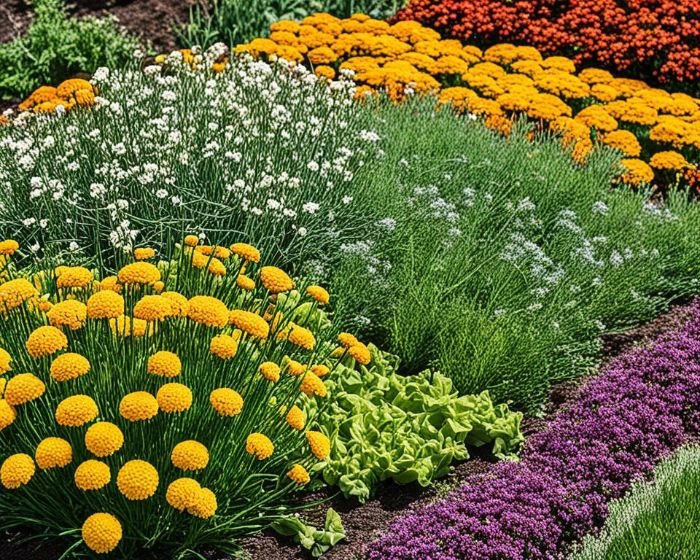 A vibrant garden with a variety of plants, illustrating the concept of companion planting for pest control by using specific plant combinations to repel harmful insects and attract beneficial ones.