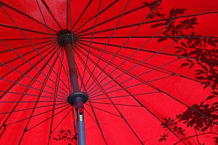 A red garden umbrella providing shade, illustrating methods to create shade and protect plants from direct sunlight in hot climates, helping them stay healthy and preventing soil from drying out.