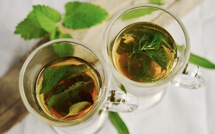 Two cups of herbal tea with fresh mint leaves, showcasing the culinary applications of mint in various dishes and beverages.