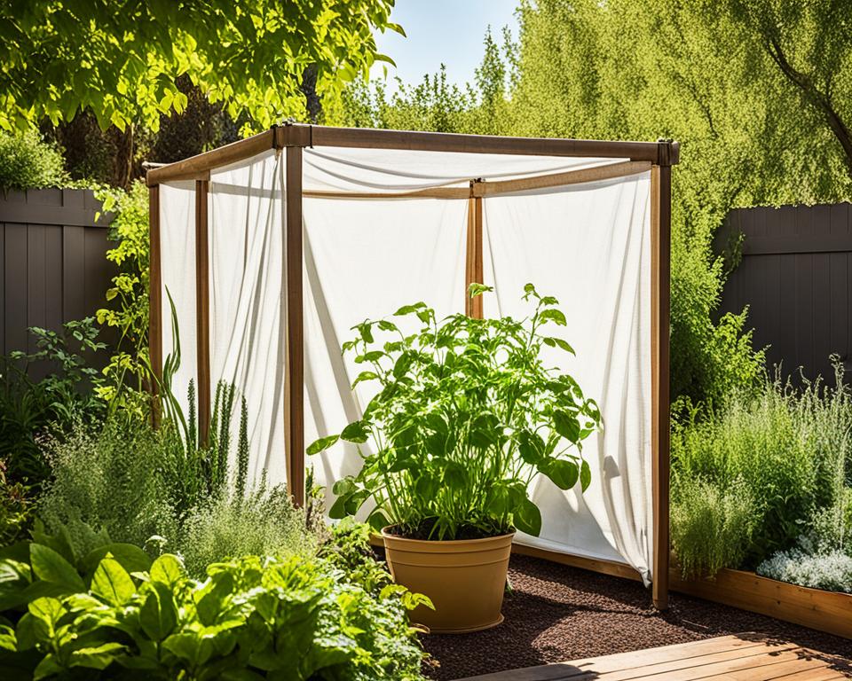 A simple DIY shade structure with white curtains in a lush garden, providing essential sun protection for plants during hot summer days.