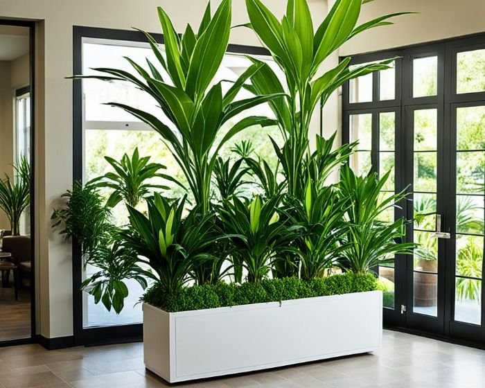 Dracaena plants in a modern indoor setting, highlighting their air purification qualities by removing harmful toxins like formaldehyde and benzene.