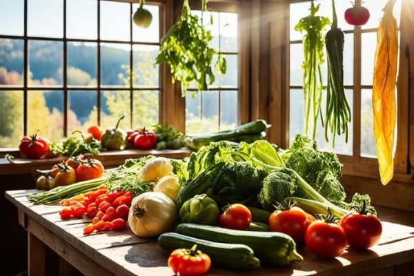 A sunlit kitchen with a variety of fresh vegetables laid out on a wooden table, showcasing the vibrant colors and natural beauty of homegrown produce ready for drying.