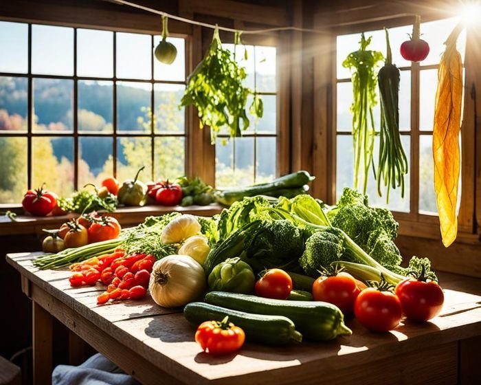 A sunlit kitchen with a variety of fresh vegetables laid out on a wooden table, showcasing the vibrant colors and natural beauty of homegrown produce ready for drying.