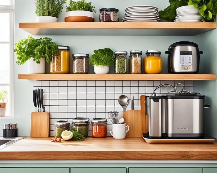 A tidy kitchen countertop organized with vertical storage solutions, featuring open shelves filled with jars, herbs, and kitchen appliances, showcasing an effective way to keep essentials at hand and counters clutter-free.