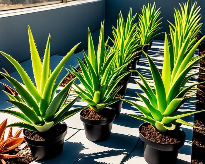 Vibrant aloe vera plants lined up in black pots on a sunny balcony, illustrating the ideal conditions for growing healthy aloe vera indoors.