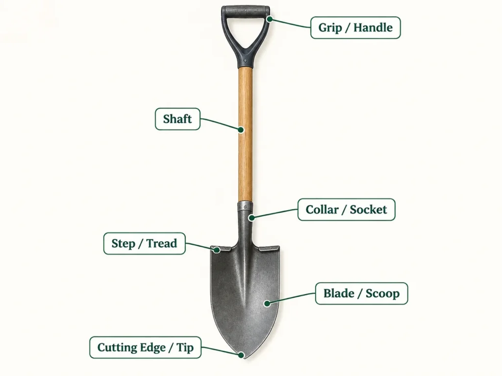 Labeled diagram of garden shovel parts including grip, shaft, collar, step, blade, and cutting edge.
