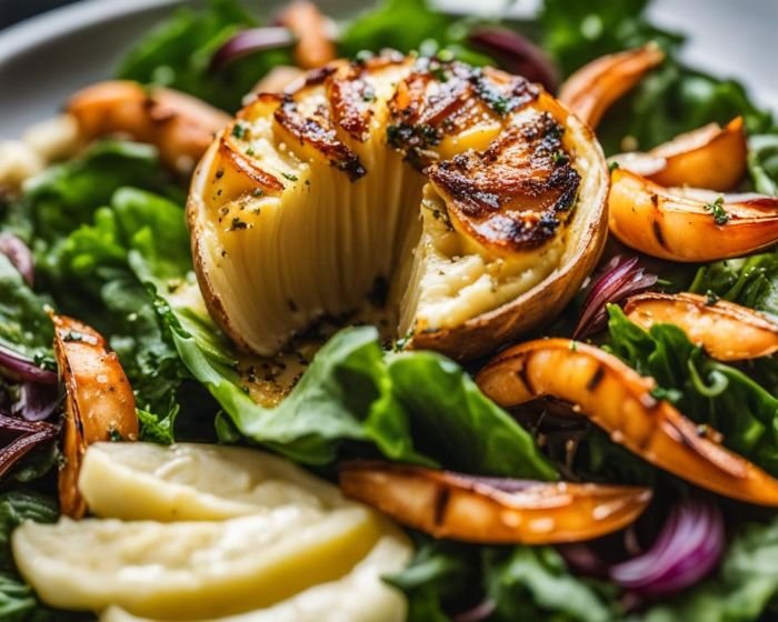 A delectable plate featuring roasted garlic halves, grilled shrimp, and fresh greens, illustrating delicious ways to incorporate garlic into everyday meals for enhanced flavor and health benefits.