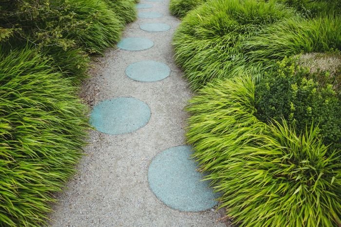 Serene garden path featuring circular stone slabs set against a backdrop of lush green ornamental grasses, demonstrating the charm and functionality of gravel and loose material pathways in landscape design.