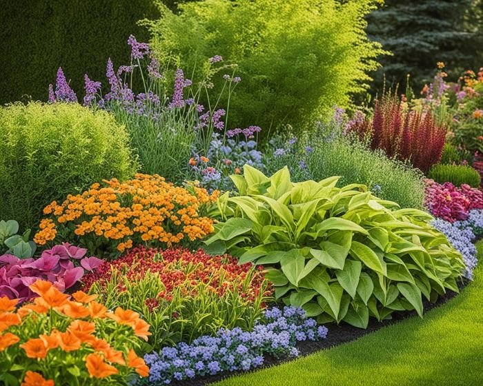 A vibrant garden featuring a variety of drought-resistant ground cover plants, including colorful flowers and lush foliage, ideal for sun-drenched areas.