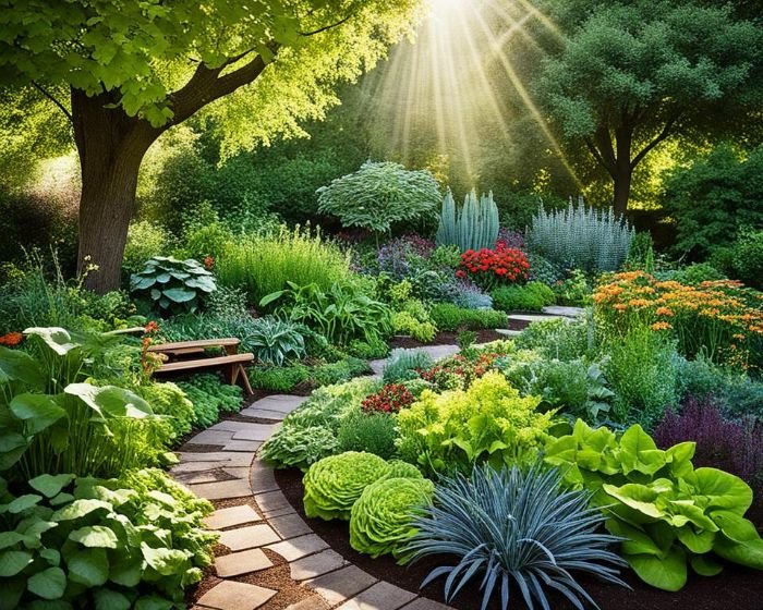 A lush, well-maintained garden with a variety of leafy greens, root vegetables, and herbs, bathed in sunlight, illustrating optimal harvesting techniques for shade-tolerant vegetables to maximize yield and freshness.