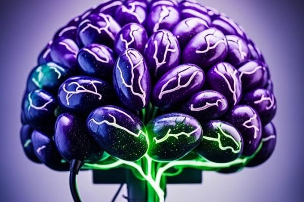 Artistic representation of a brain made from eggplants, symbolizing the health benefits of eggplants from brain health to bone strength.