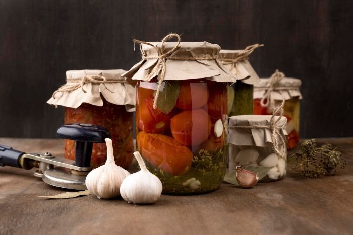 Jars of home-canned vegetables and garlic bulbs on a wooden table, demonstrating the essentials of safe preservation through home canning.