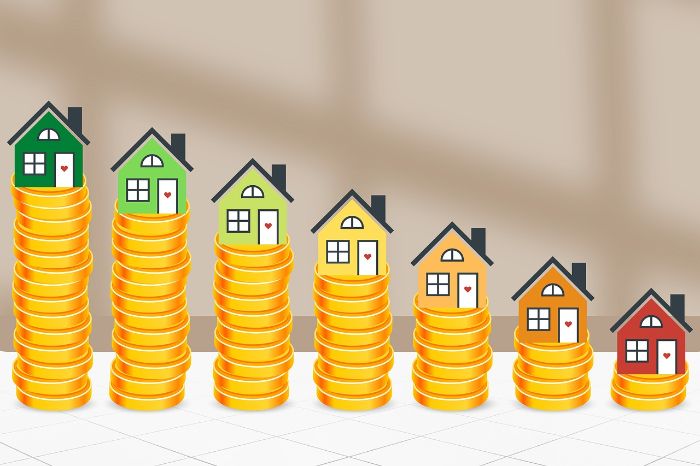 Illustrative graphic showing colorful houses placed on top of ascending stacks of golden coins, symbolizing the incremental energy savings achieved through smart home investments.