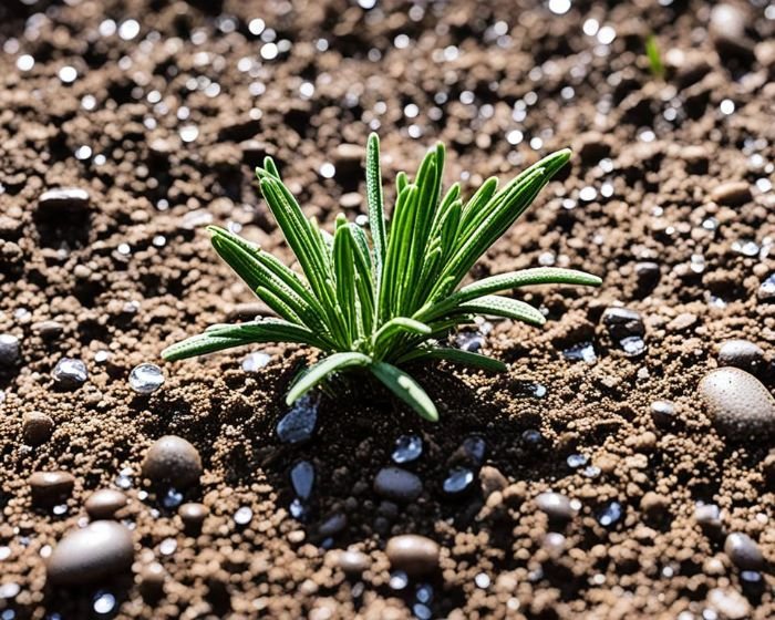 Small rosemary plant in soil with water droplets, illustrating the importance of proper drainage and addressing overly wet or compacted soil conditions.