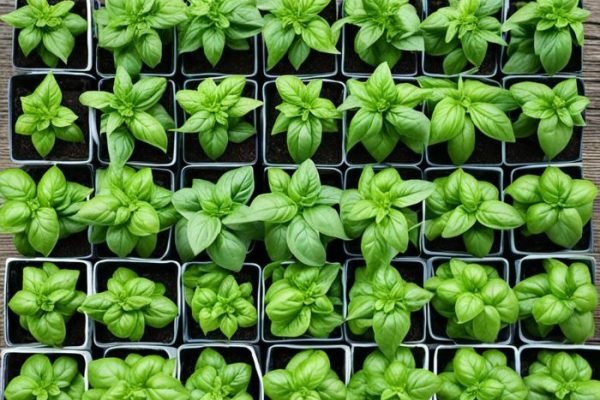 Overhead view of multiple basil plants in small pots, illustrating the variety of basil types and their culinary uses for a blog post on basil.