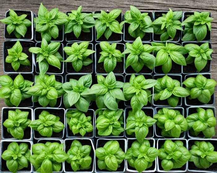 Overhead view of multiple basil plants in small pots, illustrating the variety of basil types and their culinary uses for a blog post on basil.