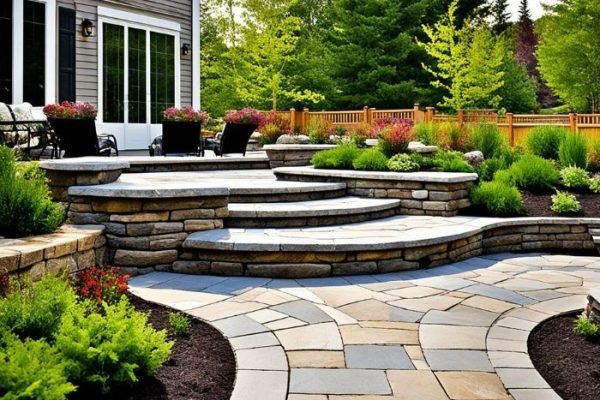 A beautifully landscaped backyard featuring elegant stone steps, pathways, and well-designed garden beds, illustrating the concept of hardscaping in garden design.