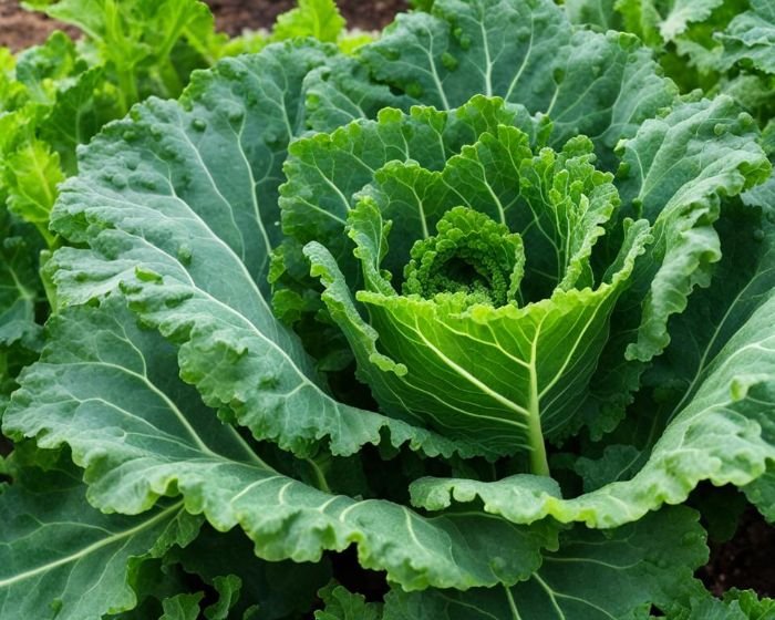 Lush kale plants in the garden, showcasing the dense and textured green leaves ready for selective harvesting during the maturing phase, emphasizing the technique for maximizing yield and flavor.
