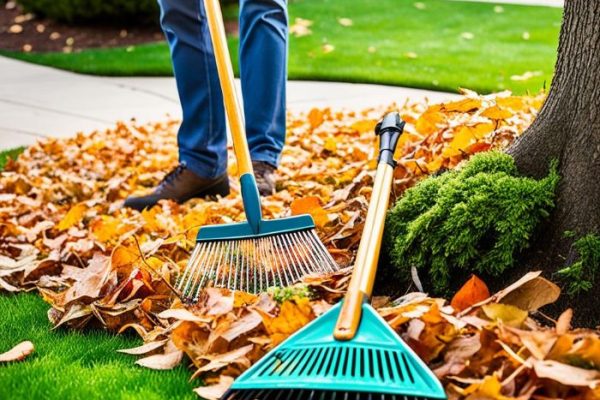 Person raking fallen leaves in a yard, illustrating the difference between lawn rakes and garden rakes for a blog post about their distinct uses.