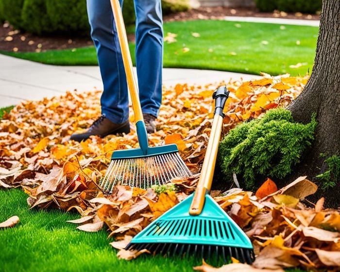 Person raking fallen leaves in a yard, illustrating the difference between lawn rakes and garden rakes for a blog post about their distinct uses.