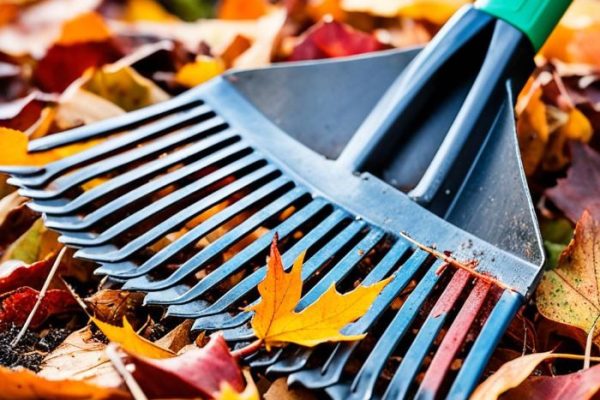 Close-up of a leaf rake resting on colorful autumn leaves, symbolizing efficient leaf collection strategies for fall yard maintenance.