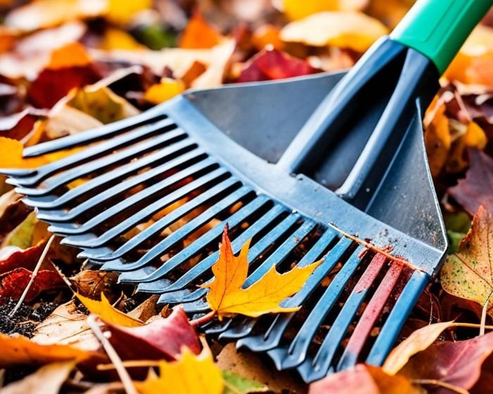 Close-up of a leaf rake resting on colorful autumn leaves, symbolizing efficient leaf collection strategies for fall yard maintenance.