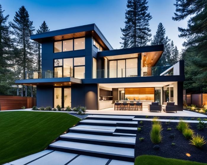 A modern luxury home illuminated by smart lighting systems at dusk, showcasing large windows and sophisticated design, surrounded by pristine landscaping and stepping stones leading to an open living area.