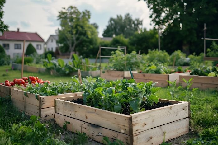 Raised garden beds with various vegetables, demonstrating the use of mulching with straw and wood chips to suppress weeds and maintain soil moisture, along with manual weeding practices in organic farming.