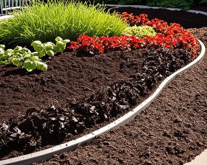 A beautifully mulched garden bed with vibrant plants, illustrating the benefits of using mulch to retain moisture, prevent weeds, and maintain steady soil temperature.