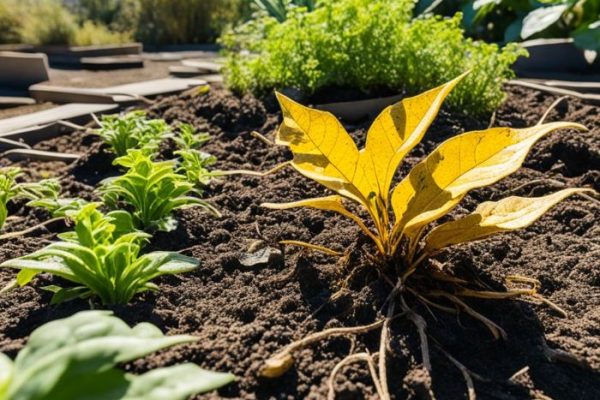 Close-up view of a yellowing plant in a garden bed, showcasing signs of nitrogen deficiency in a plant surrounded by healthy greenery, illustrating the need for proper soil nutrition management.