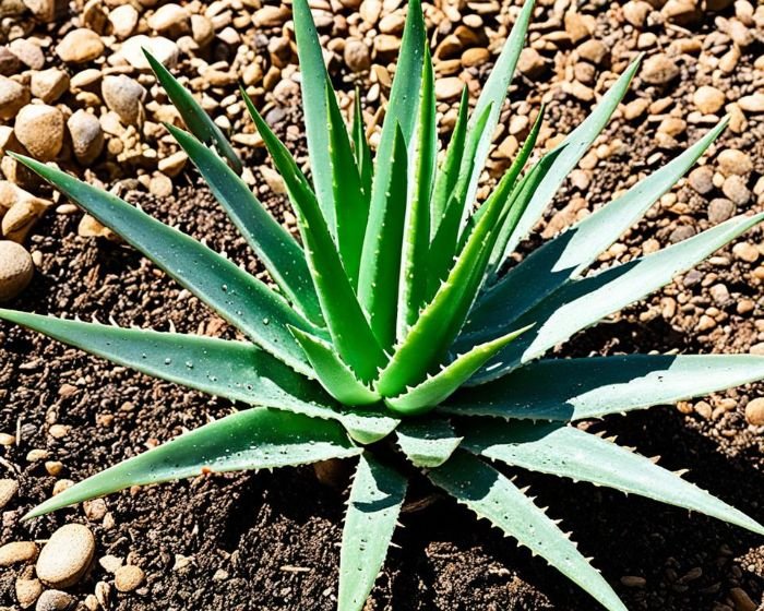 Healthy aloe vera plant thriving in natural sunlight, planted in nutrient-rich soil amidst small pebbles, exemplifying the optimal outdoor growing conditions for aloe vera.