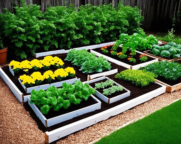 Well-organized garden with raised beds featuring a variety of plants in a crop rotation setup, demonstrating how to naturally disrupt pest life cycles and enhance soil health.