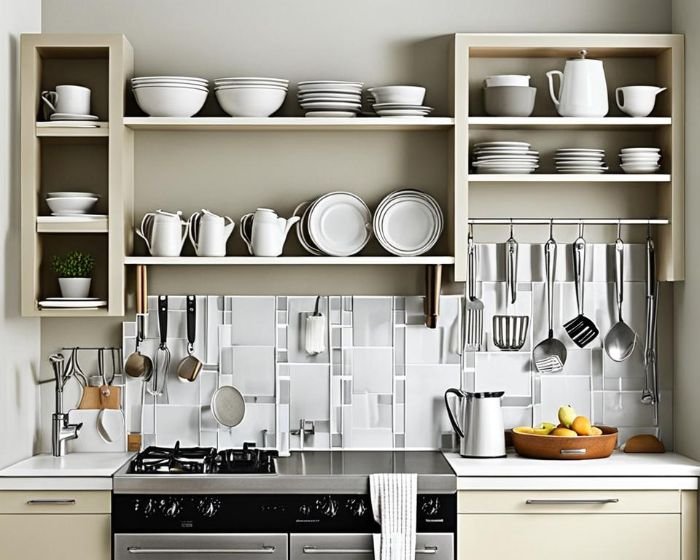 Efficiently organized small kitchen displaying an array of neatly arranged dishes, cups, and kitchen utensils on wall-mounted shelves and hooks, exemplifying innovative vertical storage solutions.